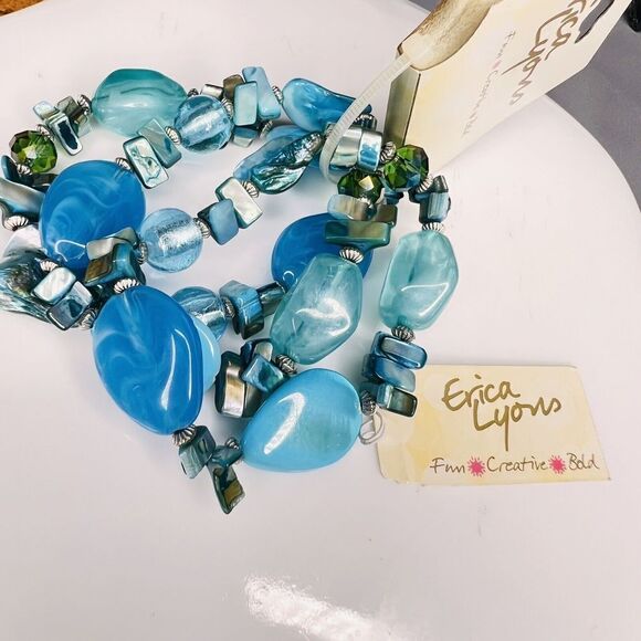 3 Vintage Bracelet Blue Shades Shell Glass Lucite Beads Stretch Erica Lyons 4704 - Picture 2 of 4